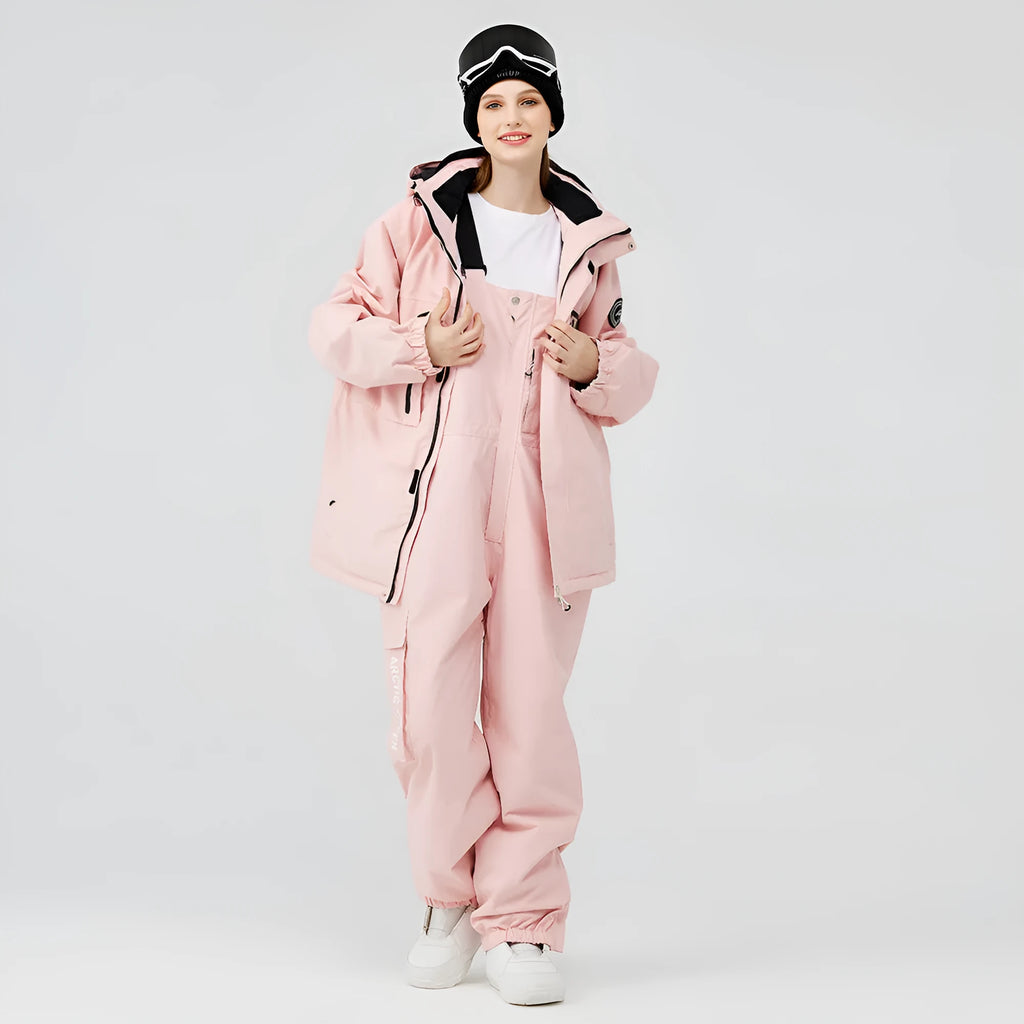 Men's and women's winter outdoors veneer double board ski suit in blue, pink, green and white colours for snow sports