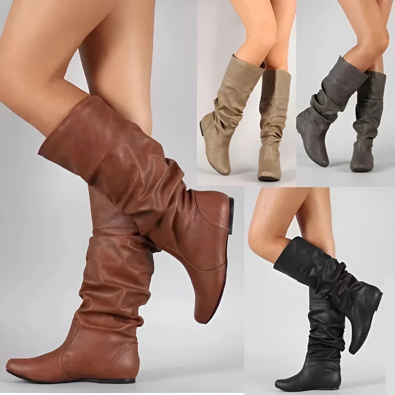 Women's flat round toe slip-on ankle boots in artificial PU leather with a high cylinder shaft.