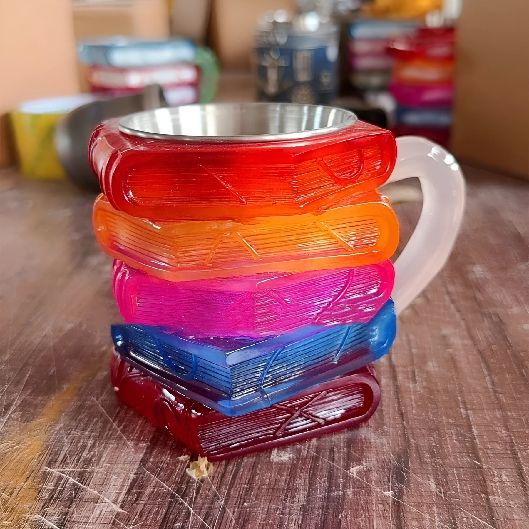 A bookmark-shaped synthetic resin coffee cup in an American craft style.