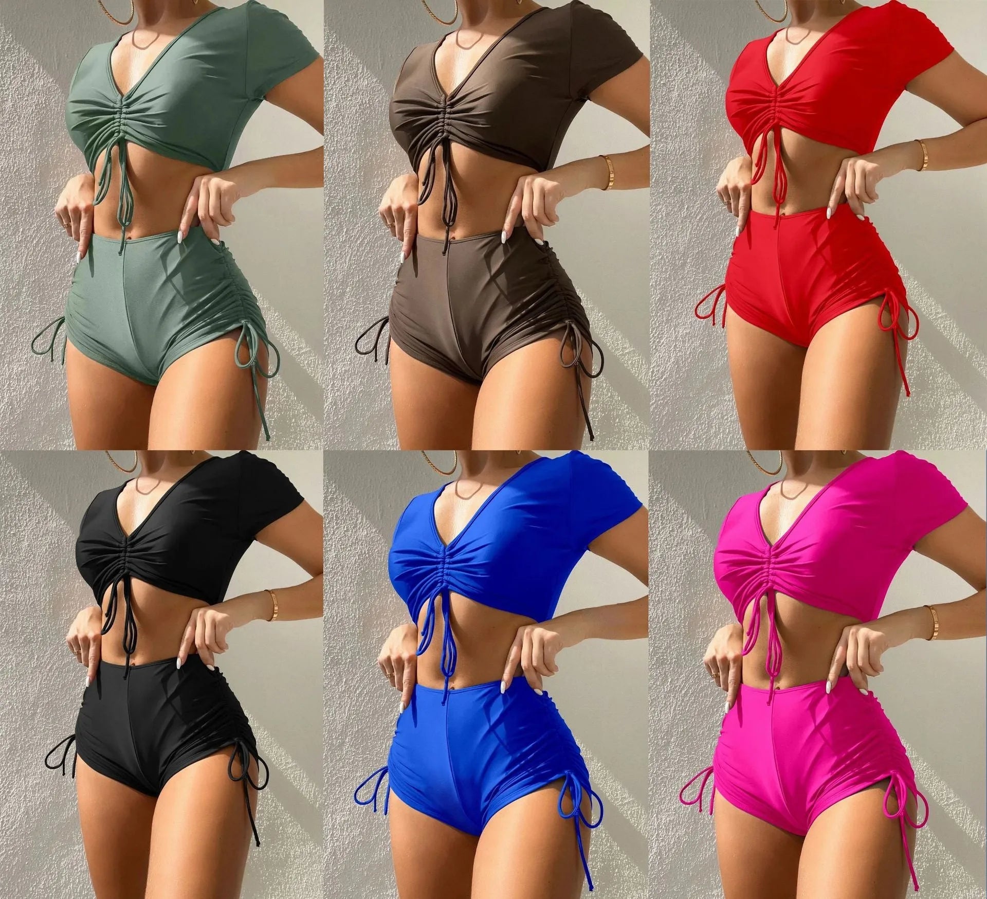 Women's lace-up bow two-piece swimsuit bikini set in multiple colours.