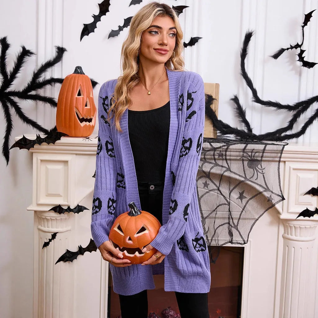 Women's black Halloween cardigan with orange pumpkin head jacquard knit pattern, straight cut with regular sleeves