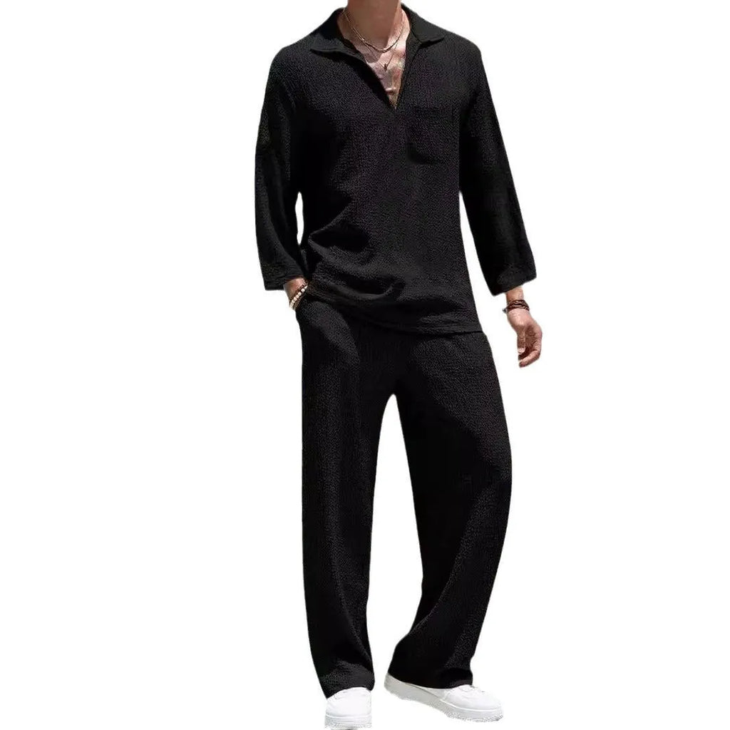 Men's casual shirt and trouser suit set in polyester fabric available in four colours.
