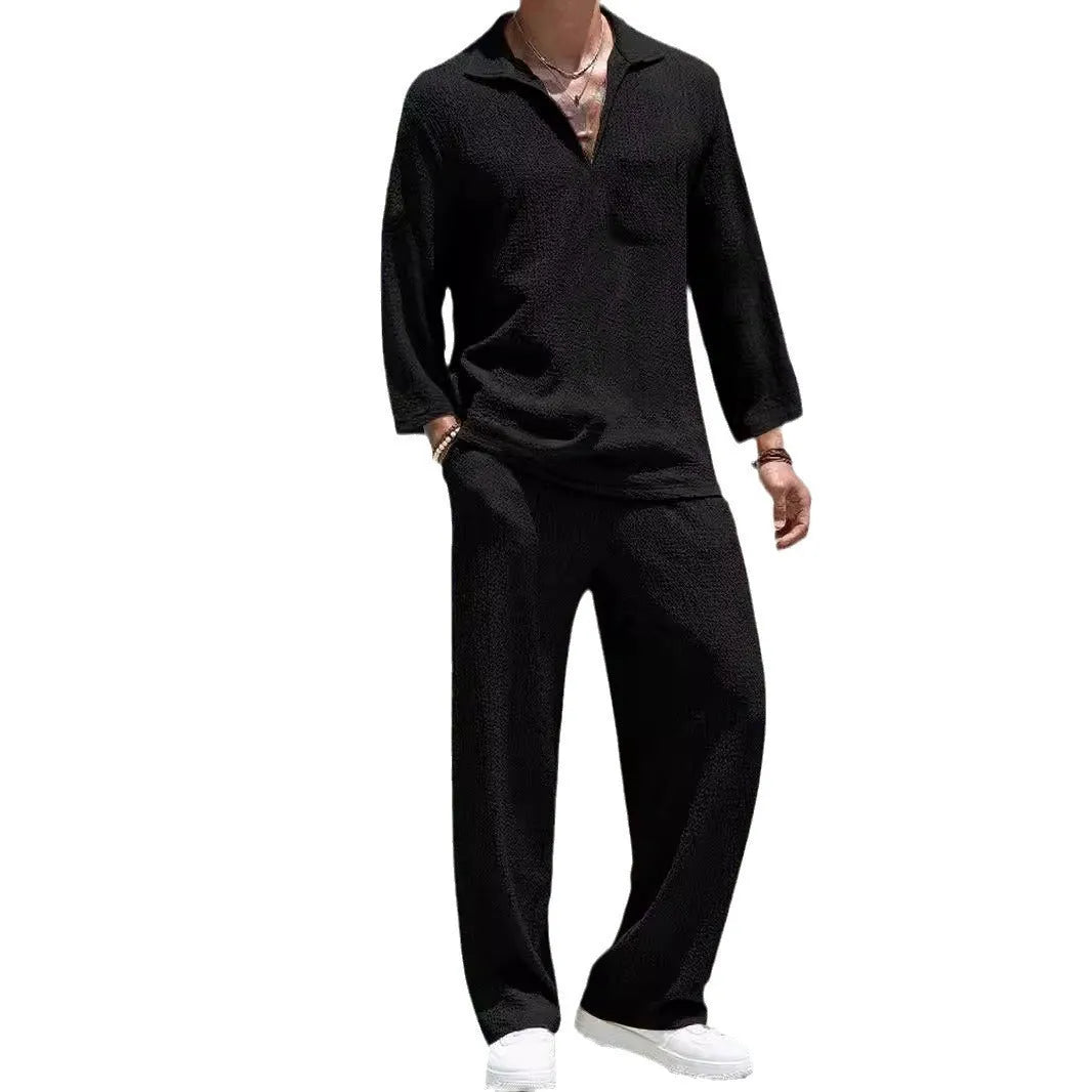 Men's casual shirt and trouser suit set in polyester fabric available in four colours.