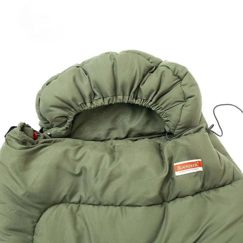 Cotton camping sleeping bag quilt in ochre colour laid out flat for outdoor use