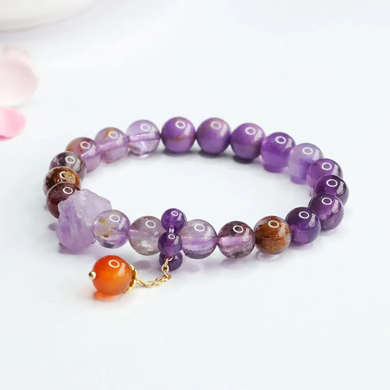 Natural purple amethyst crystal bracelet with red agate stones, 8mm beads, Mori style