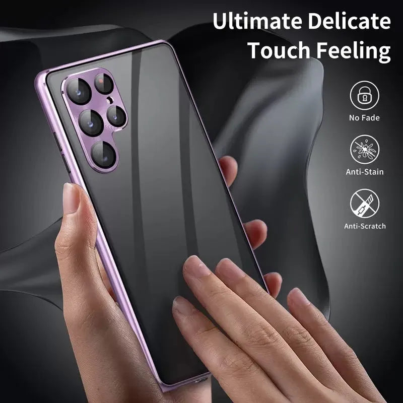 Magnetic mirror phone case with peep-proof screen for Samsung Galaxy S24 Ultra in black, showing magnetic backplate.