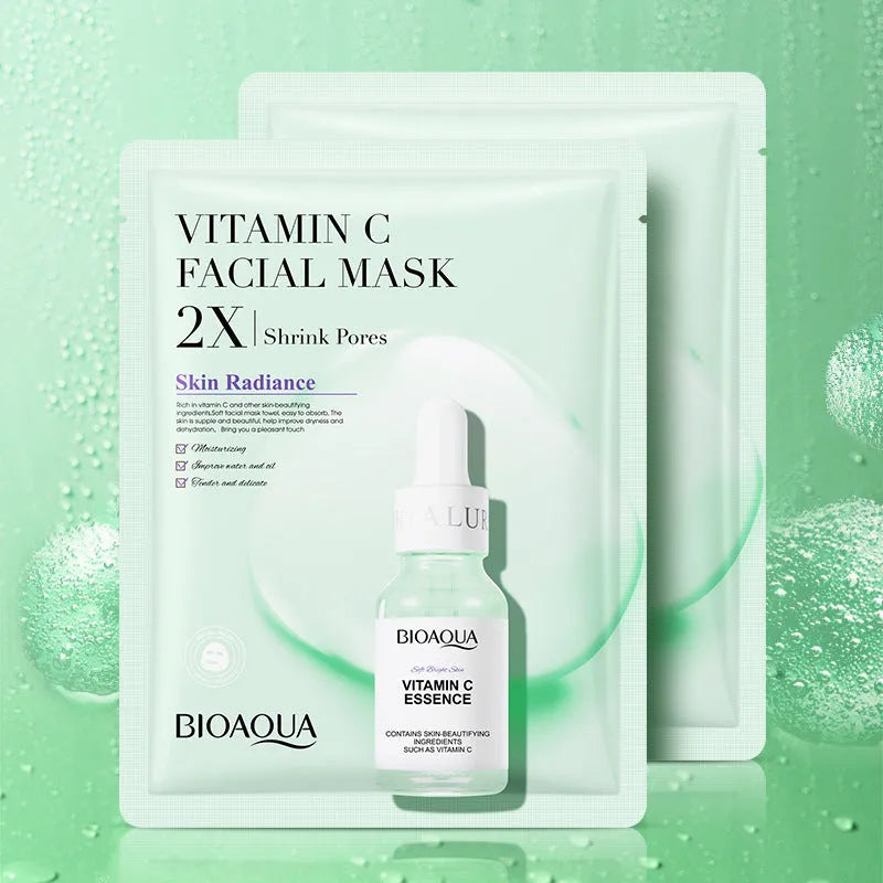 Single-use facial sheet mask with gel serum, shown in Centella, Collagen, Hyaluronic Acid or Vitamin C variants.