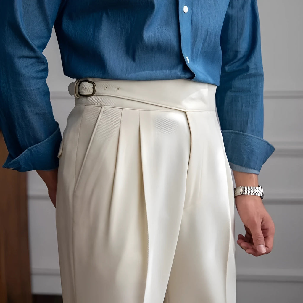 Men's high waist straight leg casual trousers in polyester fabric showing colour options