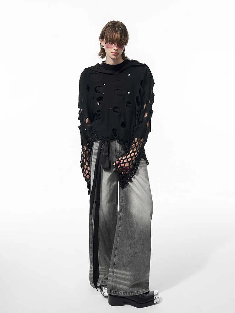 Men's black thin hoodie with hollow hood and front pearl decorative details.