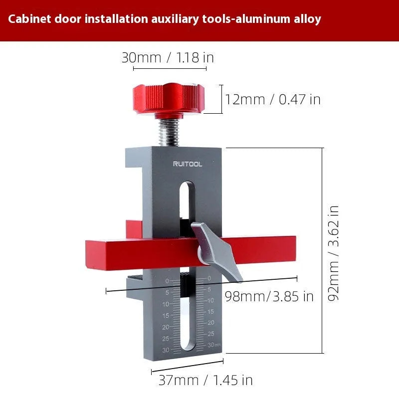 Aluminium alloy cabinet door installation aid tool for woodworking with 10mm drill hole fit.