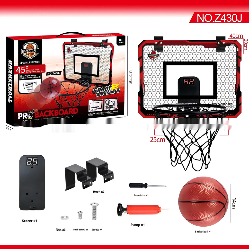 Folding basketball frame with red or blue 400x300mm panel, suction cup and iron hook mount with 16cm ball