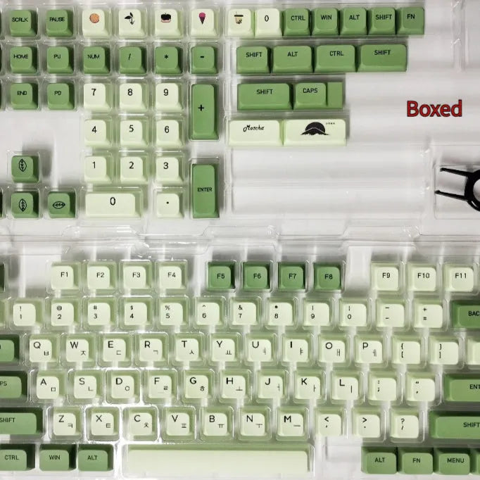 124 PBT keycaps with matcha green colour and white doubleshot legends for mechanical keyboards.