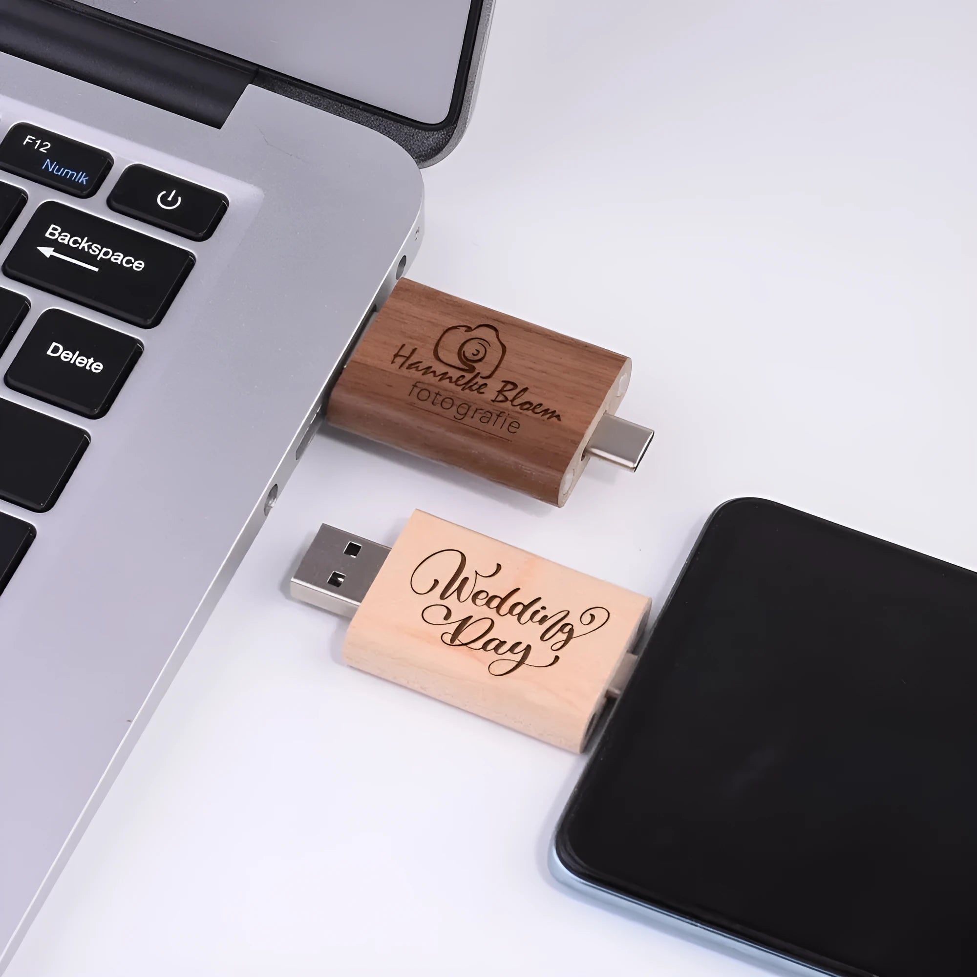 Maple wooden flash drive with USB and TYPE-C connectors on a wooden surface.
