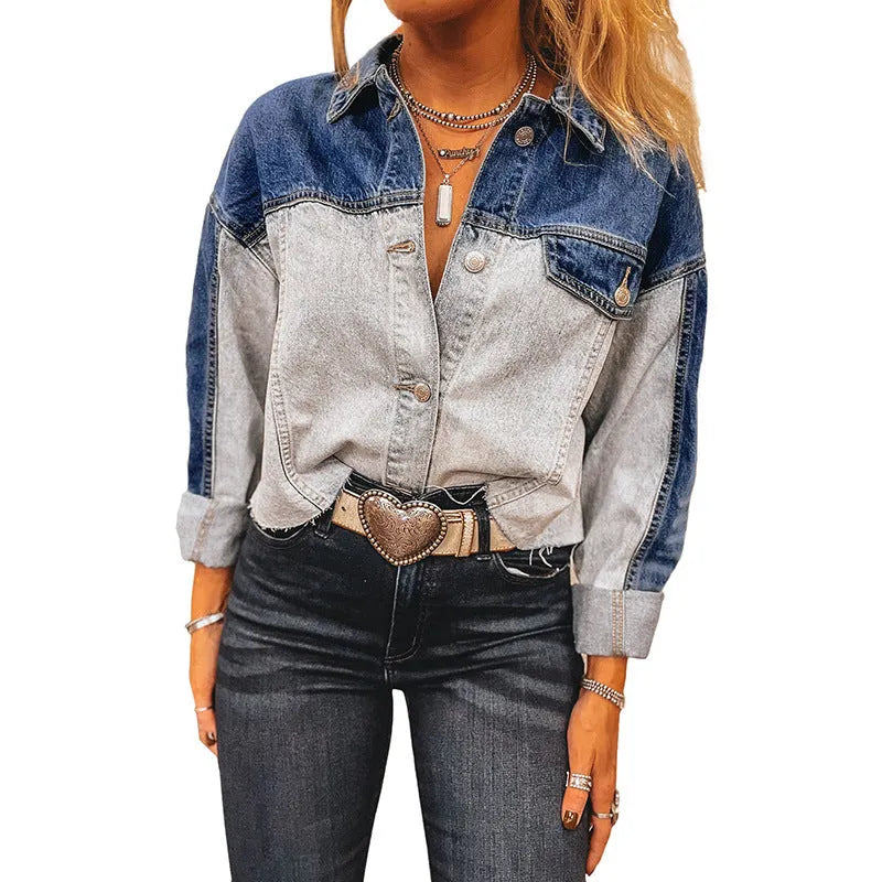 Women's loose fit denim coat with single row multi-buckle design on cotton fabric