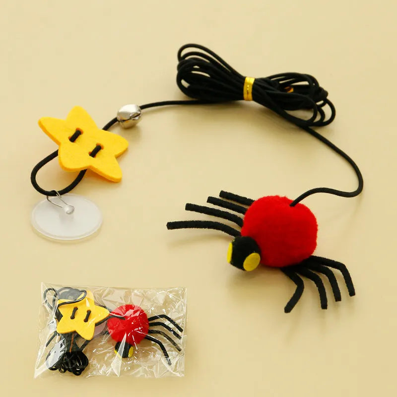 Red and yellow cat hanging door toy with elastic rope, feather playing stick, and bell spider accessory.