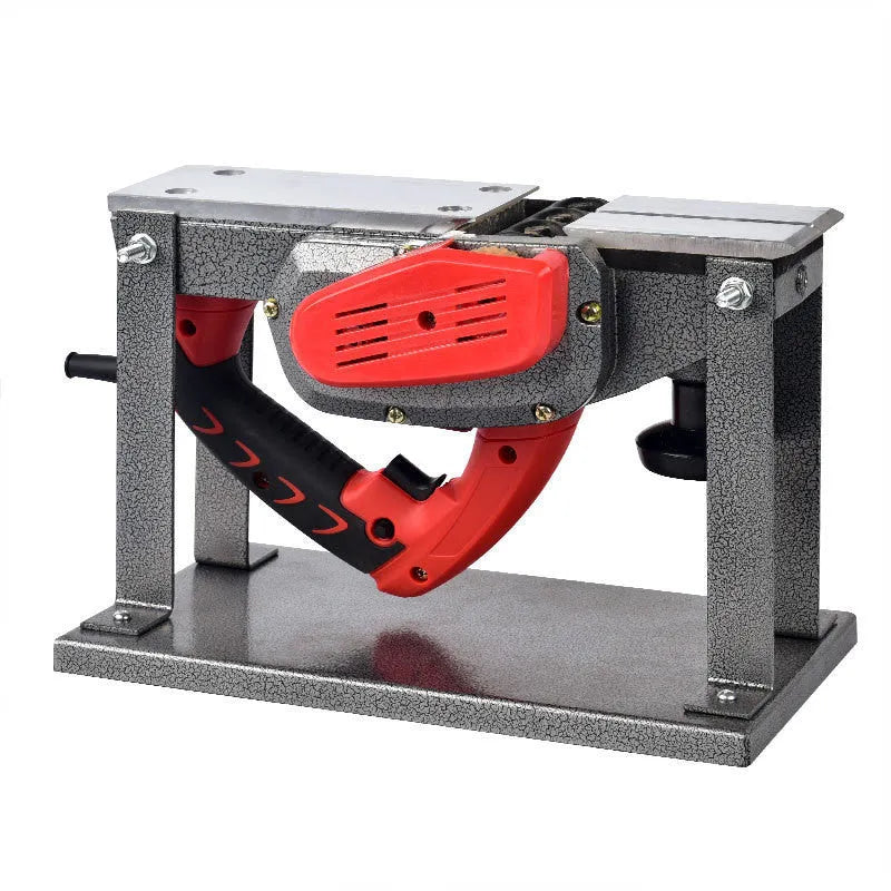 Red electric wood planer tool with aluminum shell showing 82mm planing width measurement
