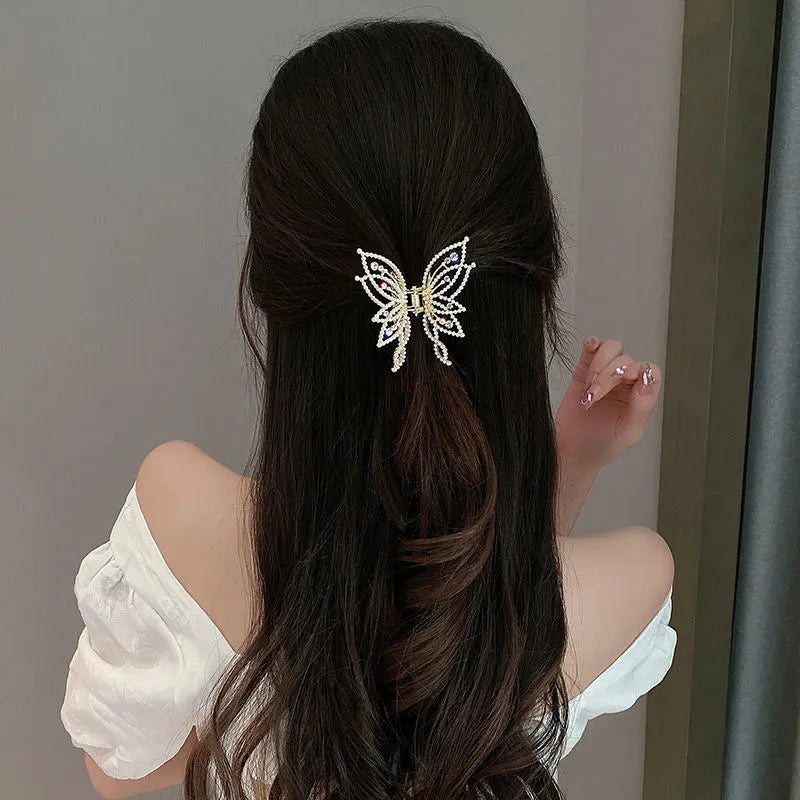 Butterfly hair barrettes for women in alloy with rhinestone or pearl decoration