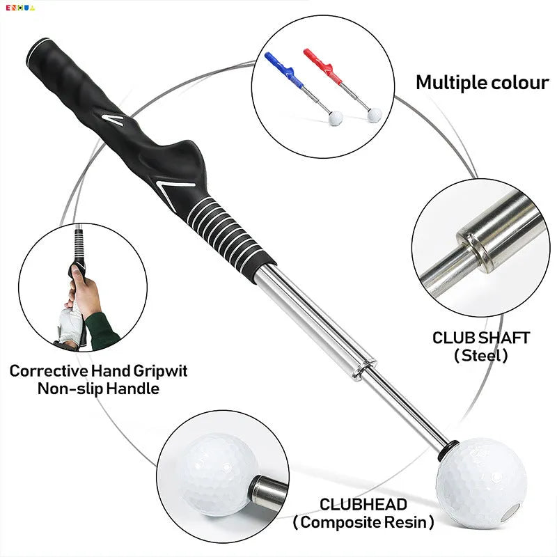 Telescopic golf swing simulator trainer in stainless steel showing black, blue, and red colour options