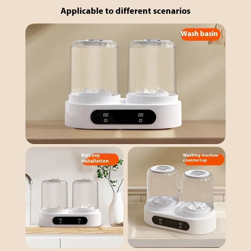 White USB-powered portable mini washing machine with two buckets and mechanical controls.