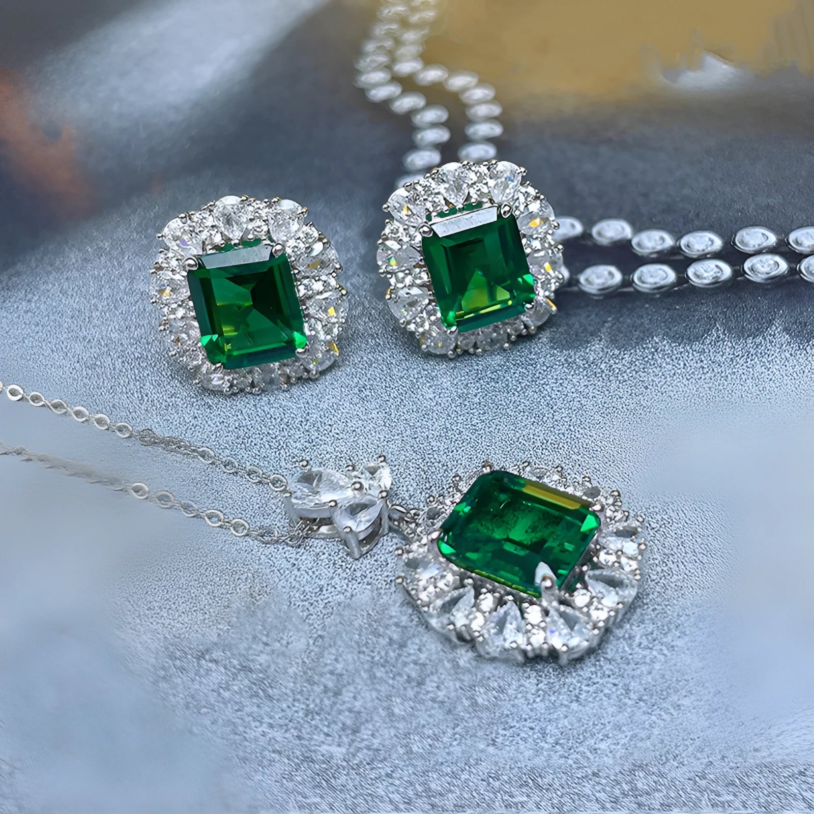 French Royal style copper jewellery set with floral pattern including earrings, necklace, and ring
