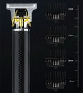 Black rechargeable electric hair clipper with gold steel blades, four combs, and USB charger