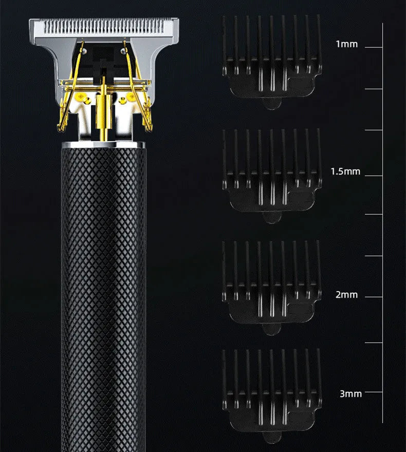 Black rechargeable electric hair clipper with gold steel blades, four combs, and USB charger