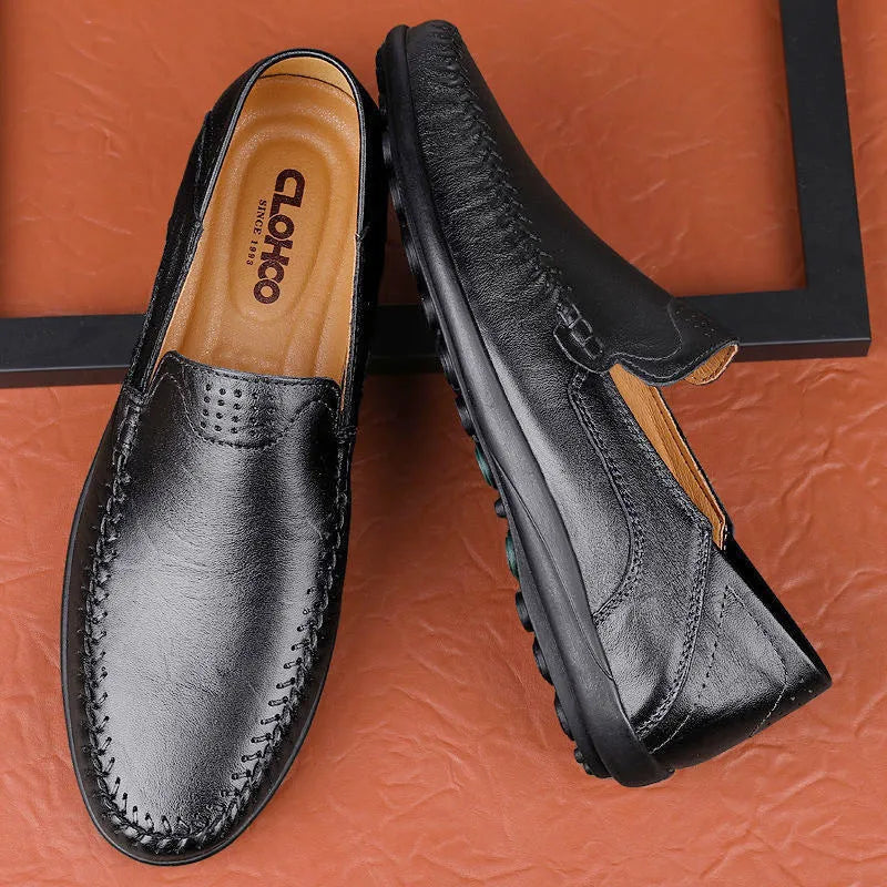 Men's cowhide leather shoes in business casual style with round toe and flat rubber sole
