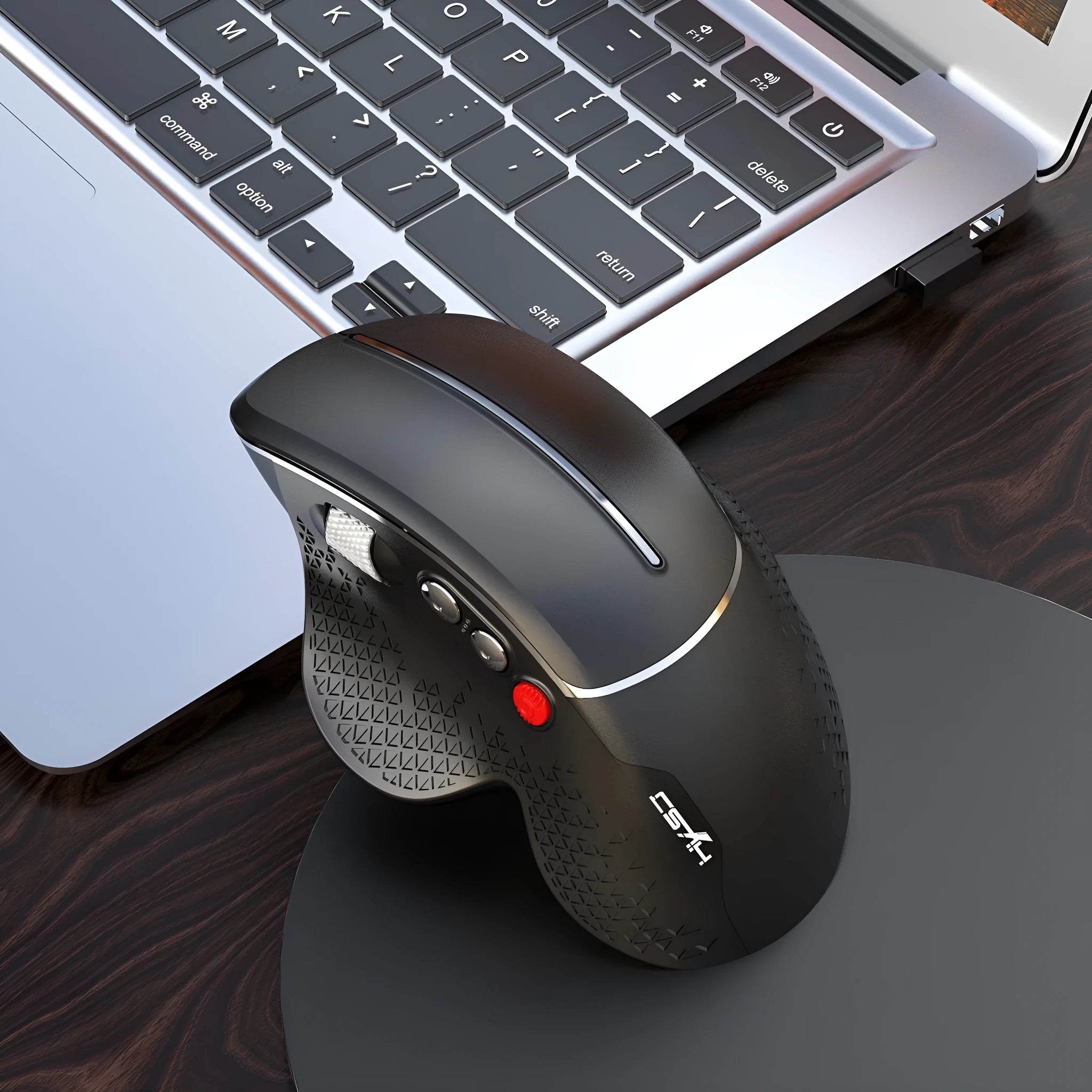 T32 black and silver wireless vertical ergonomic mouse with aluminium side roller on desk.
