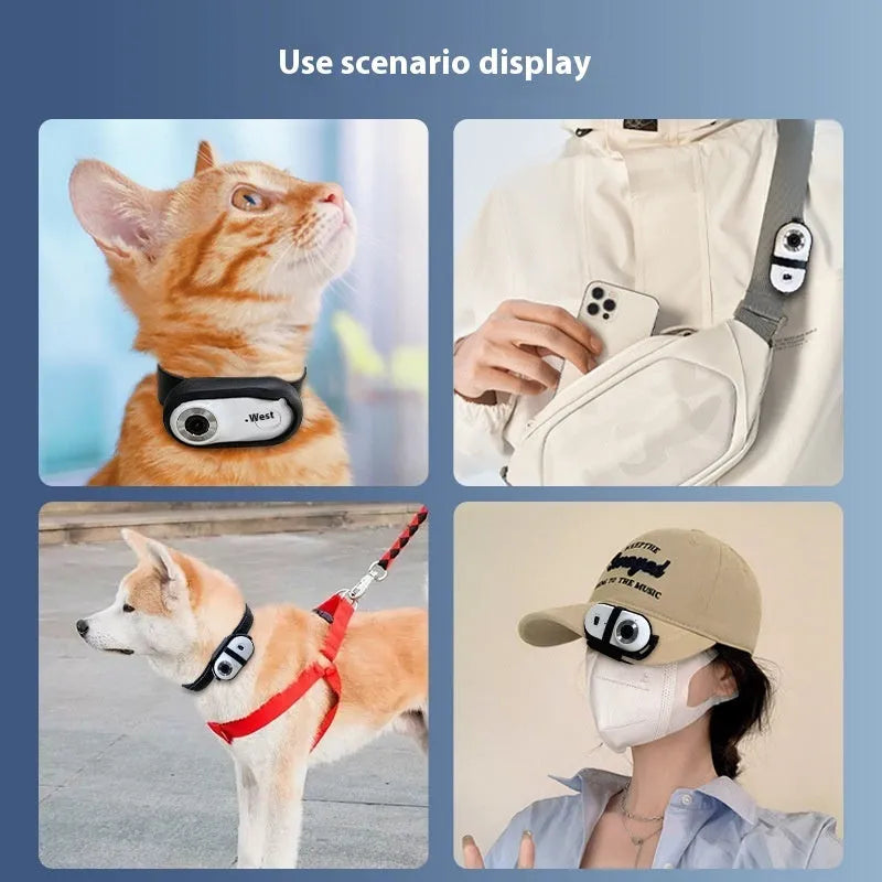 Pet recorder HD mini camera with collar, 63.8 x 31 x 21mm ABS body, white or black, memory options