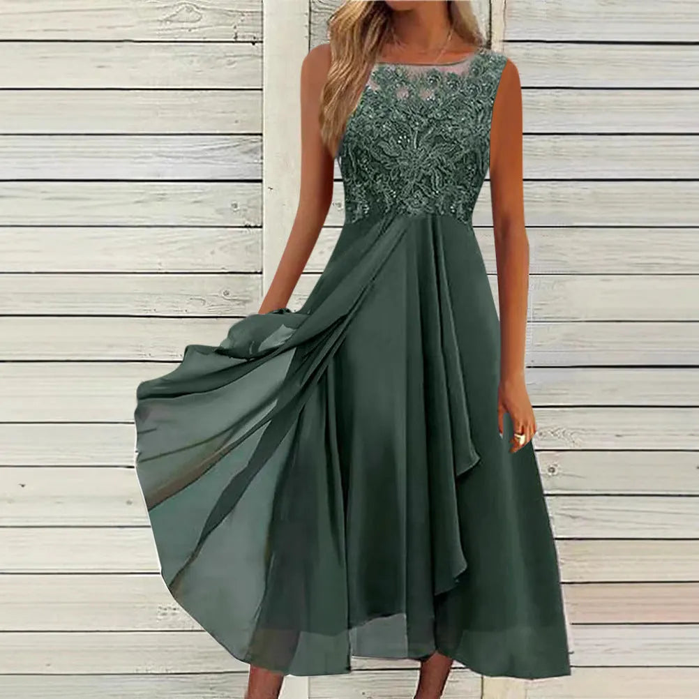Women's sleeveless chiffon dress with stitching lace hollow-out design in green colour