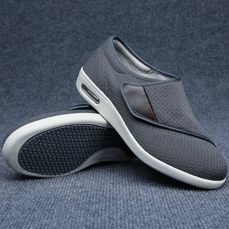 Beige leisure shoes with velcro fastening and widened round toe design