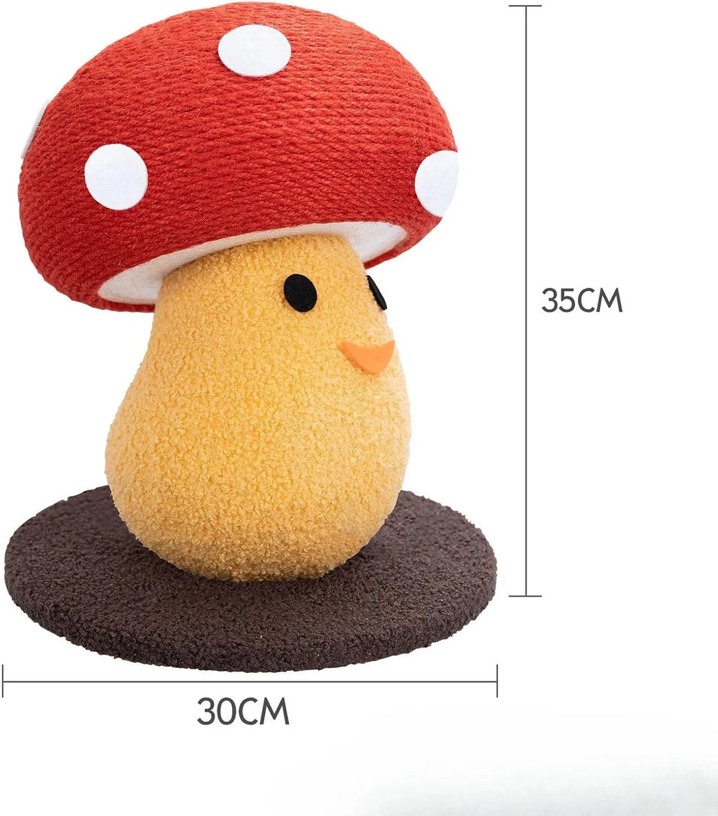 Foldable round mushroom-shaped cat scratcher board made from corrugated cardboard.