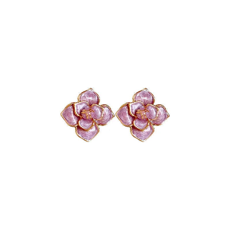 Purple oil-spot glaze flower stud earrings with gold-plated silver needle finish on copper base