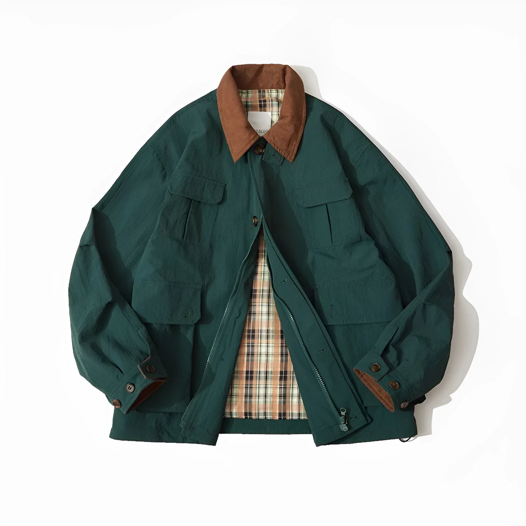 Men's and women's apricot and green polyester casual jacket with contrast panels and side pockets.
