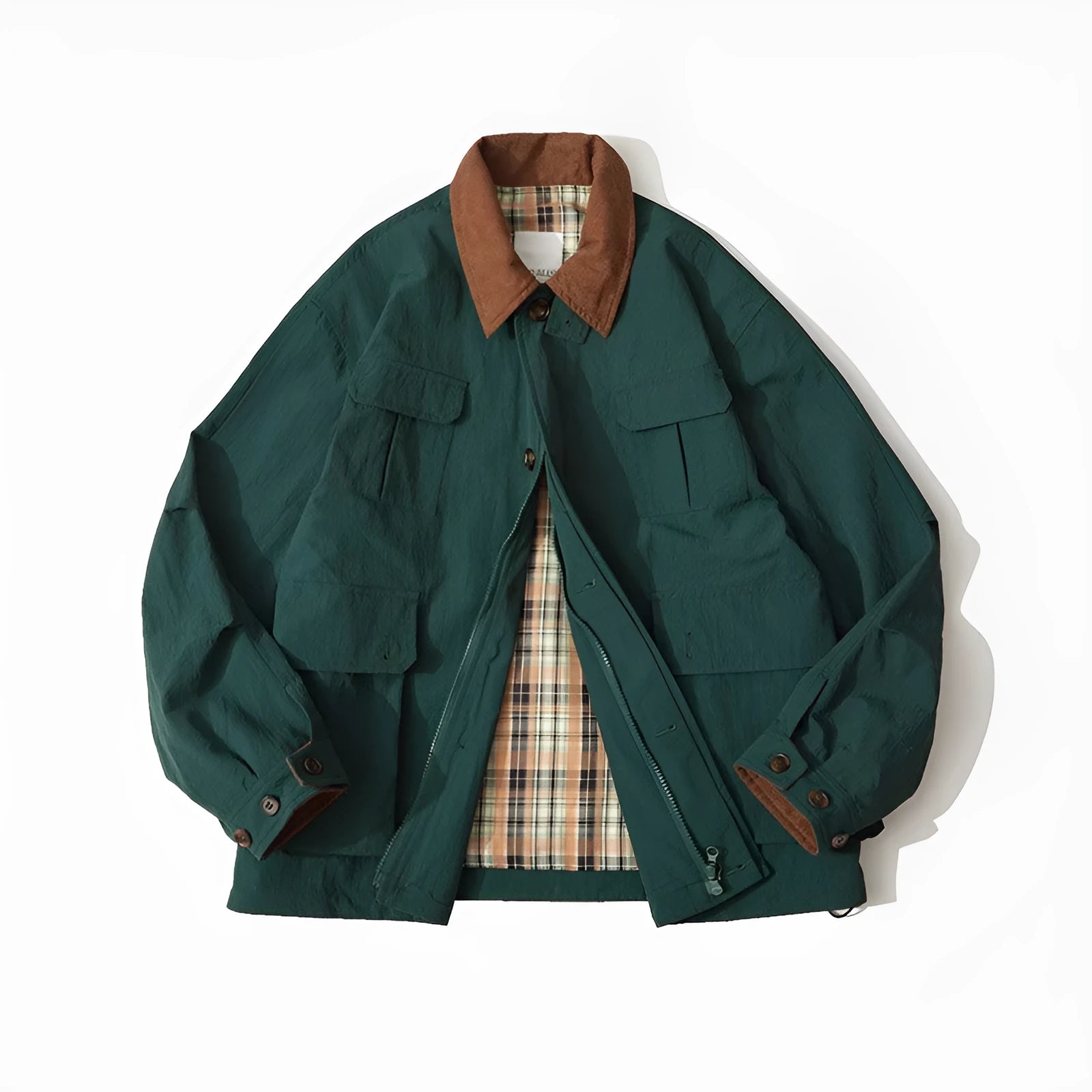 Men's and women's apricot and green polyester casual jacket with contrast panels and side pockets.
