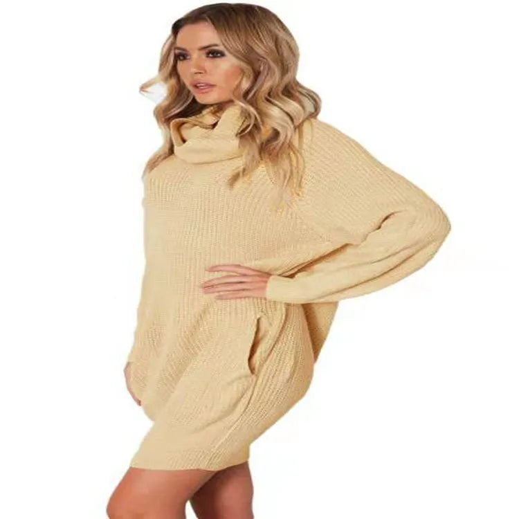 Women's light apricot lapel collar sweater with side pockets, loose slimming mid-length fit.