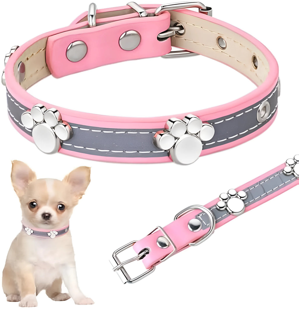 Reflective adjustable PU leather dog collar with a metal buckle and decorative paw rivet.