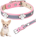 Reflective adjustable PU leather dog collar with a metal buckle and decorative paw rivet.