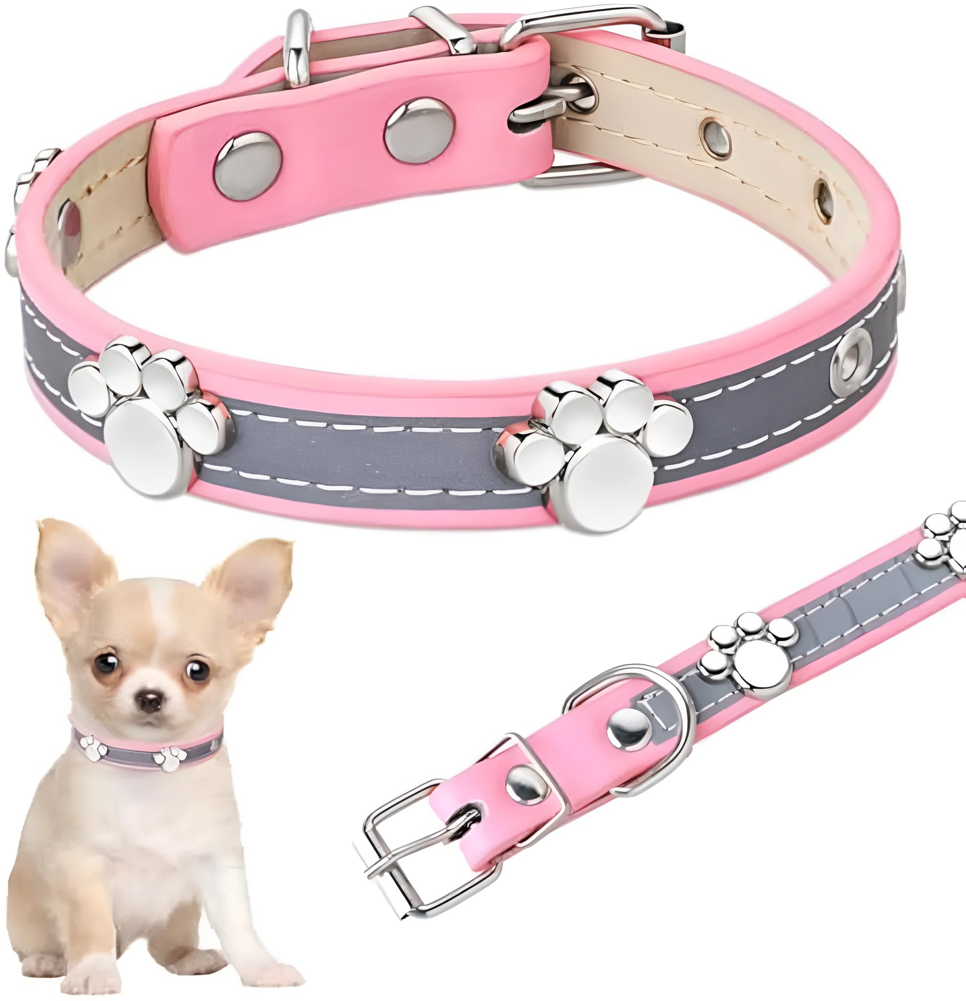 Reflective adjustable PU leather dog collar with a metal buckle and decorative paw rivet.