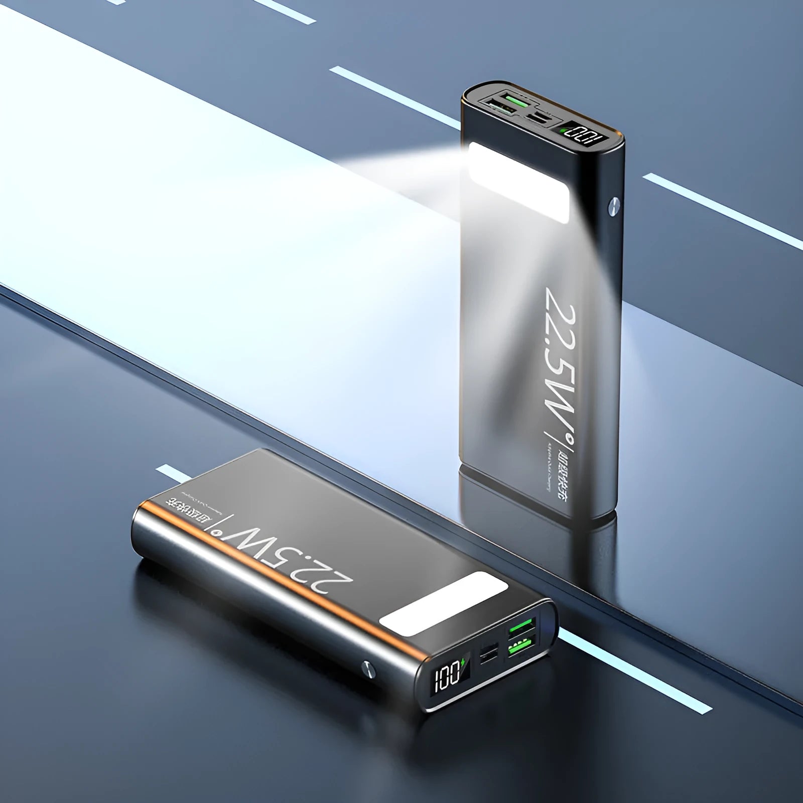 Alloy power bank with LCD display showing battery percentage, available in four colours