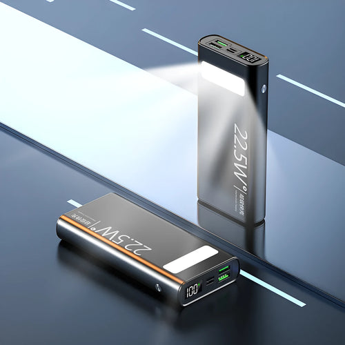 Alloy power bank with LCD display showing battery percentage, available in four colours