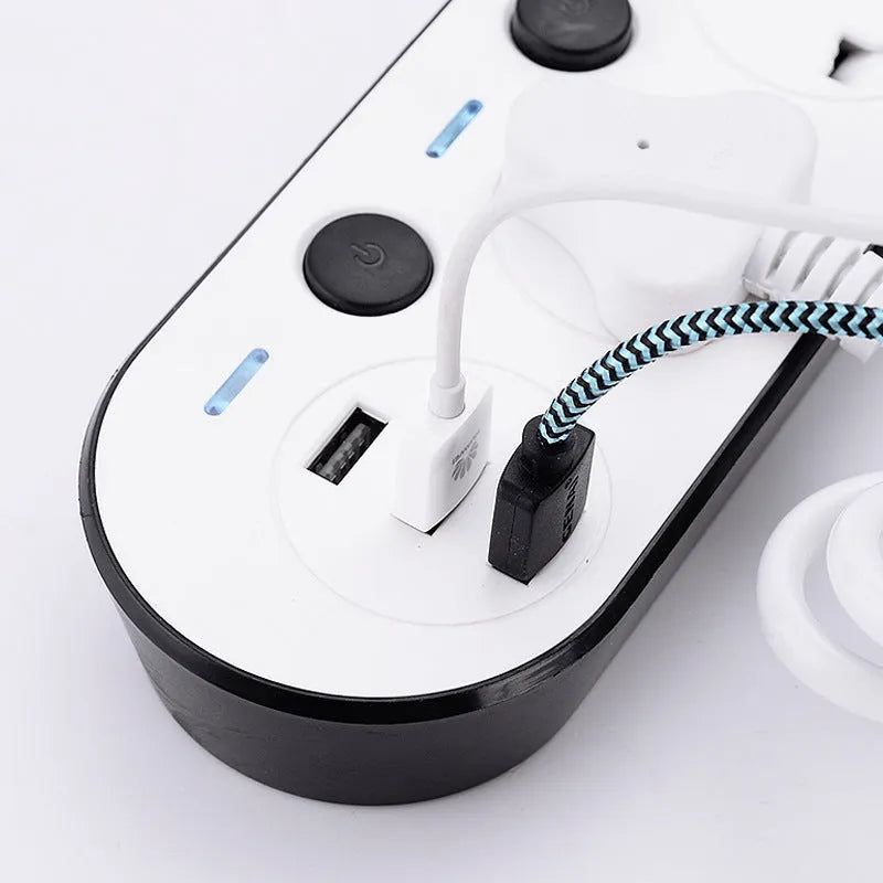 Multi-switch power strip with USB ports in international plug formats