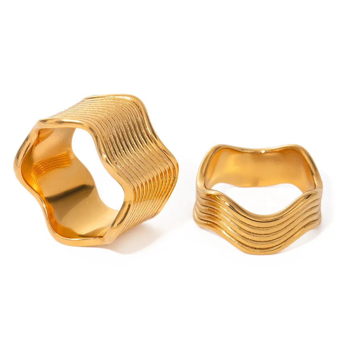 Stainless steel wide band geometric wave ring in Korean style.