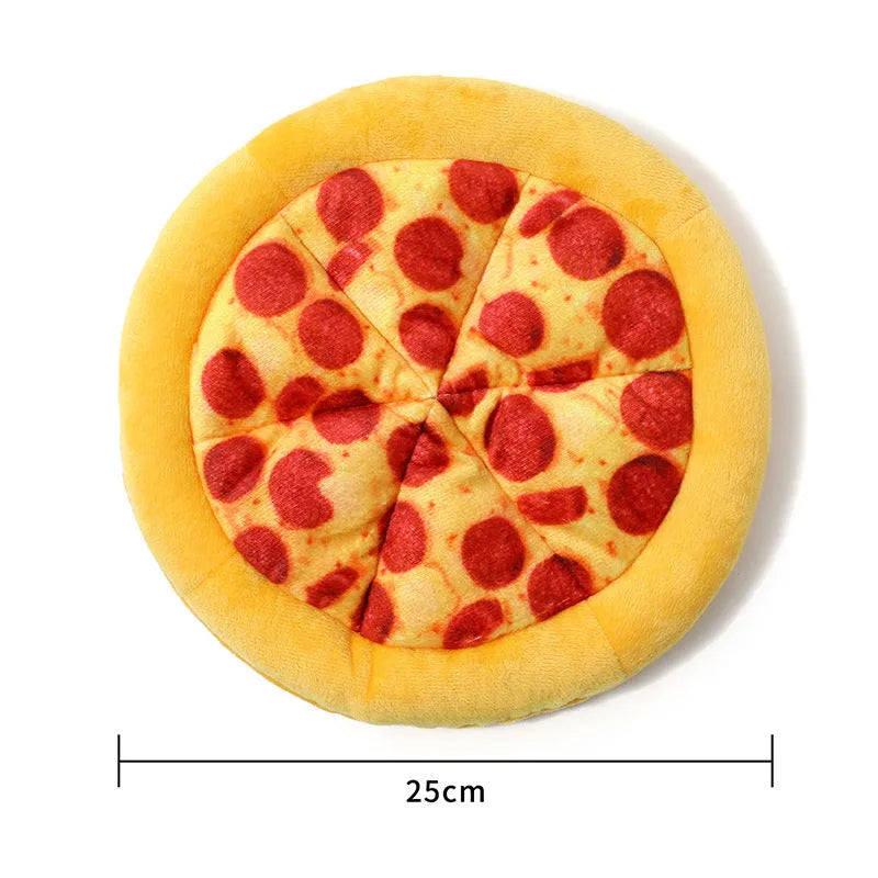Yellow pizza slice shaped dog chew toy with squeaker for small medium dogs