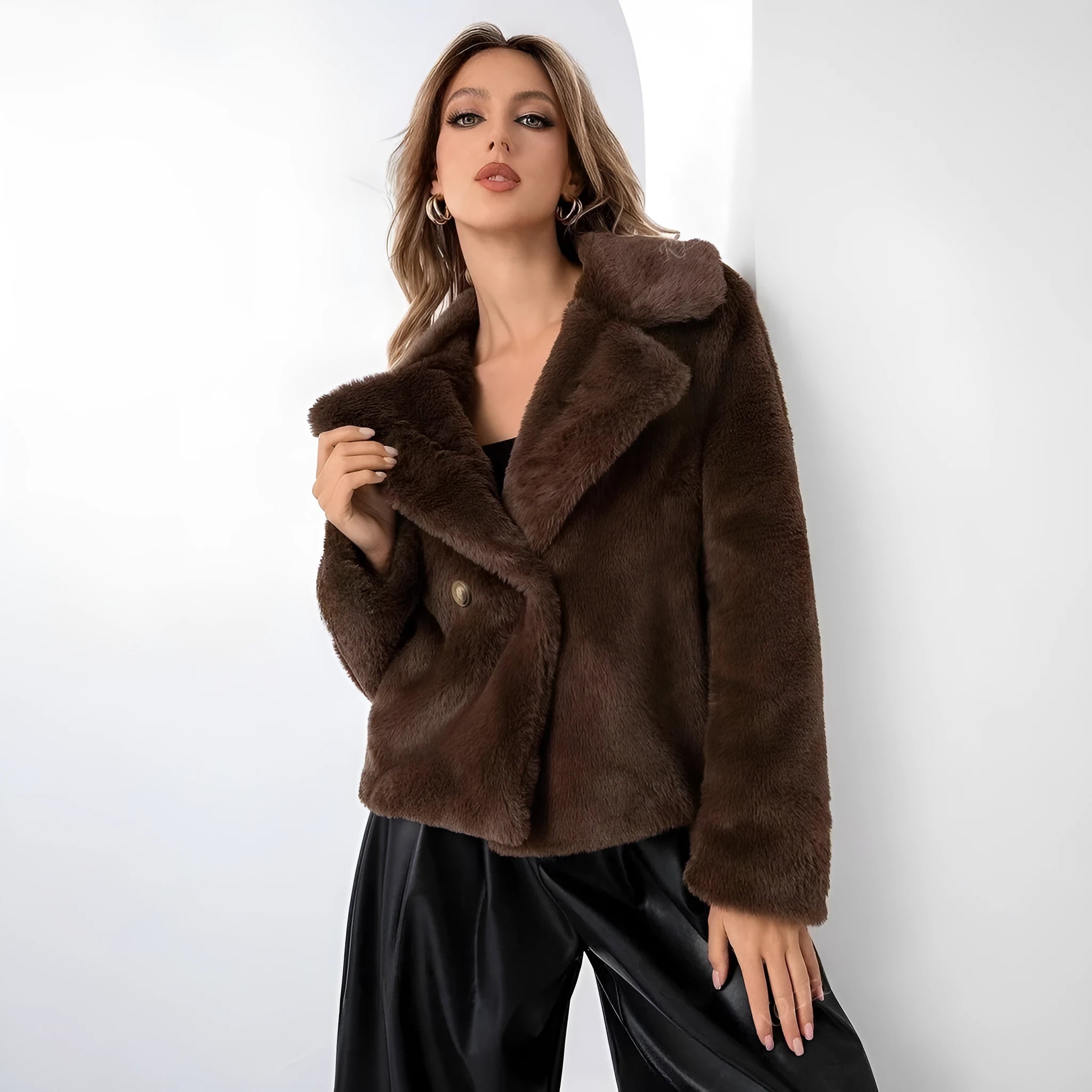 A rose red women's short faux fur coat with a loose fit and regular sleeves on a hanger.