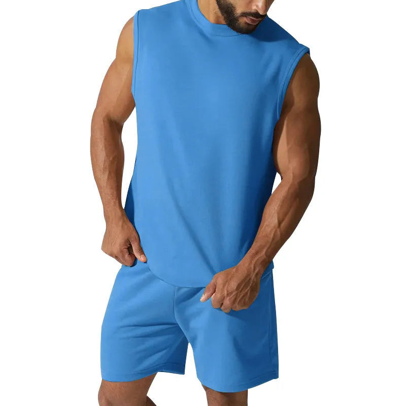 Men's sleeveless sports suit set in cotton blend fabric showing sleeveless top and matching shorts