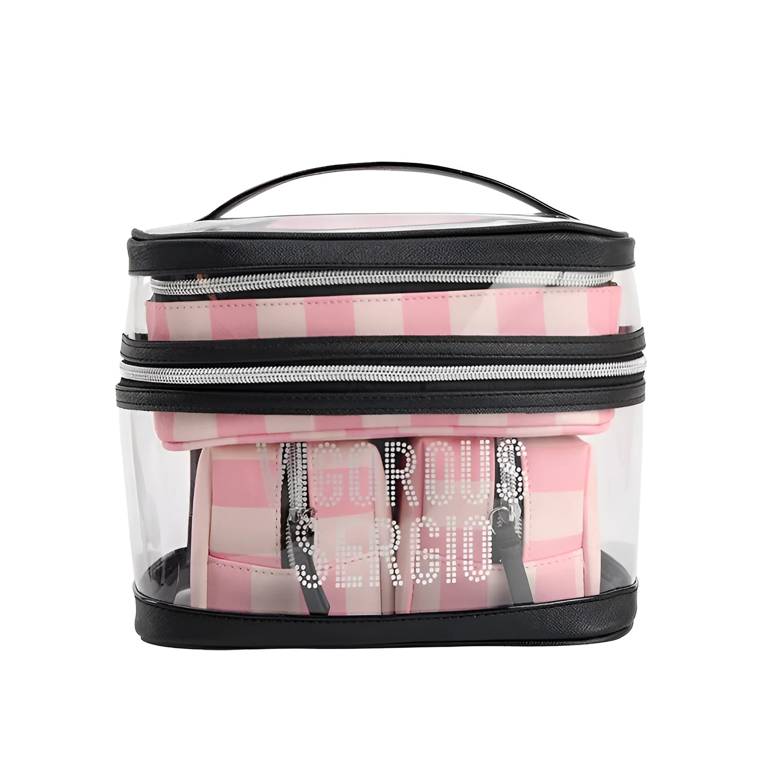 Pink bold striped floral pattern waterproof synthetic leather makeup bag with nylon lining
