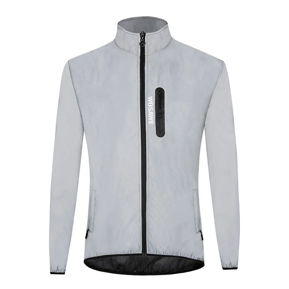 Silver waterproof polyester long sleeved work top laid flat, showing long sleeves and front zip.