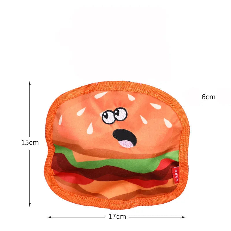 Food-shaped dog toy with crinkle and squeak features in hamburger, fries, hot dog, and pizza designs
