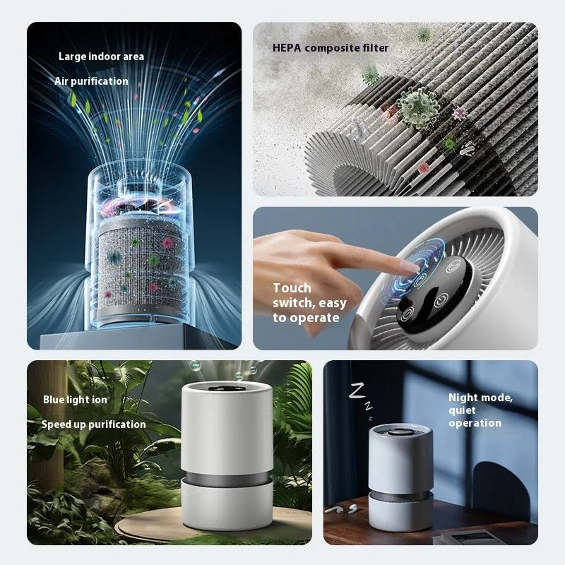 White desktop air purifier with USB cable for formaldehyde and odour removal